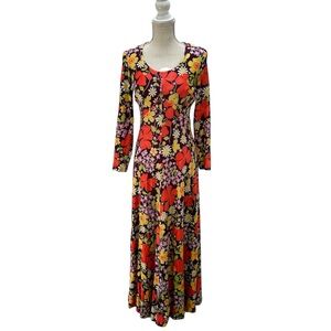 Vtg 1970s Floral Maxi Dress Bold Poppy Daisy Print Long Sleeve Boho Retro XS/S